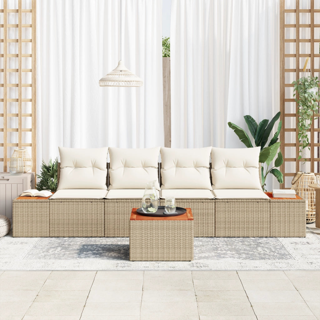 Set di divani da giardino a 5 pezzi con cuscini beige polyrattan acacia