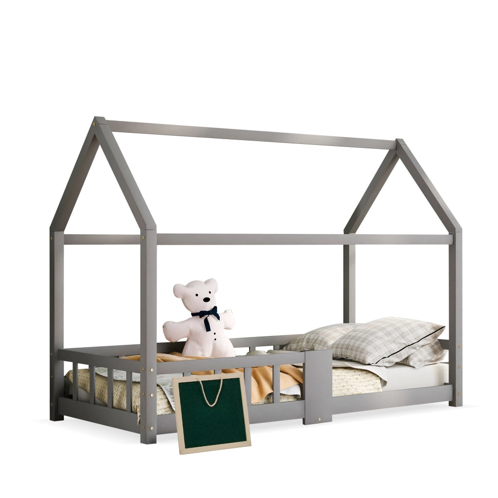 Letto a casetta per bambini 90x200 cm con lavagna e protezione anticaduta; legno grigio