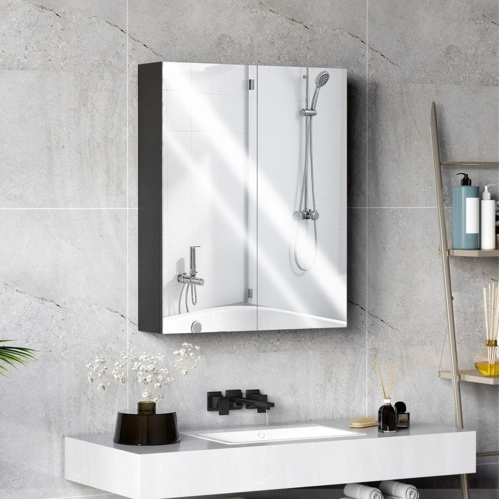 Armadietto Pensile Bagno con Specchio e Ripiani ¨C zephmum ¨C 60x15x75 cm, Nero, MDF
