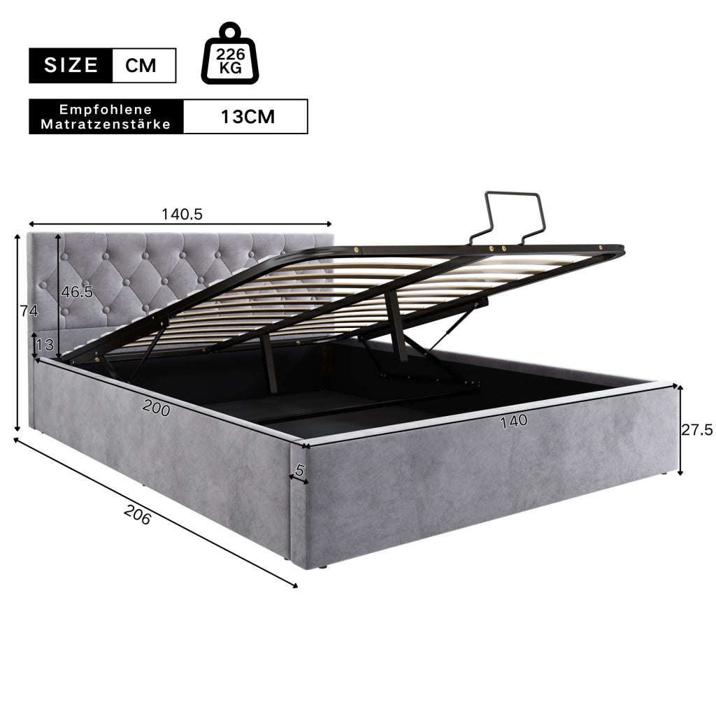 Letti contenitori 140x200 cm; contenitore idraulico; velluto grigio (Senza materasso)