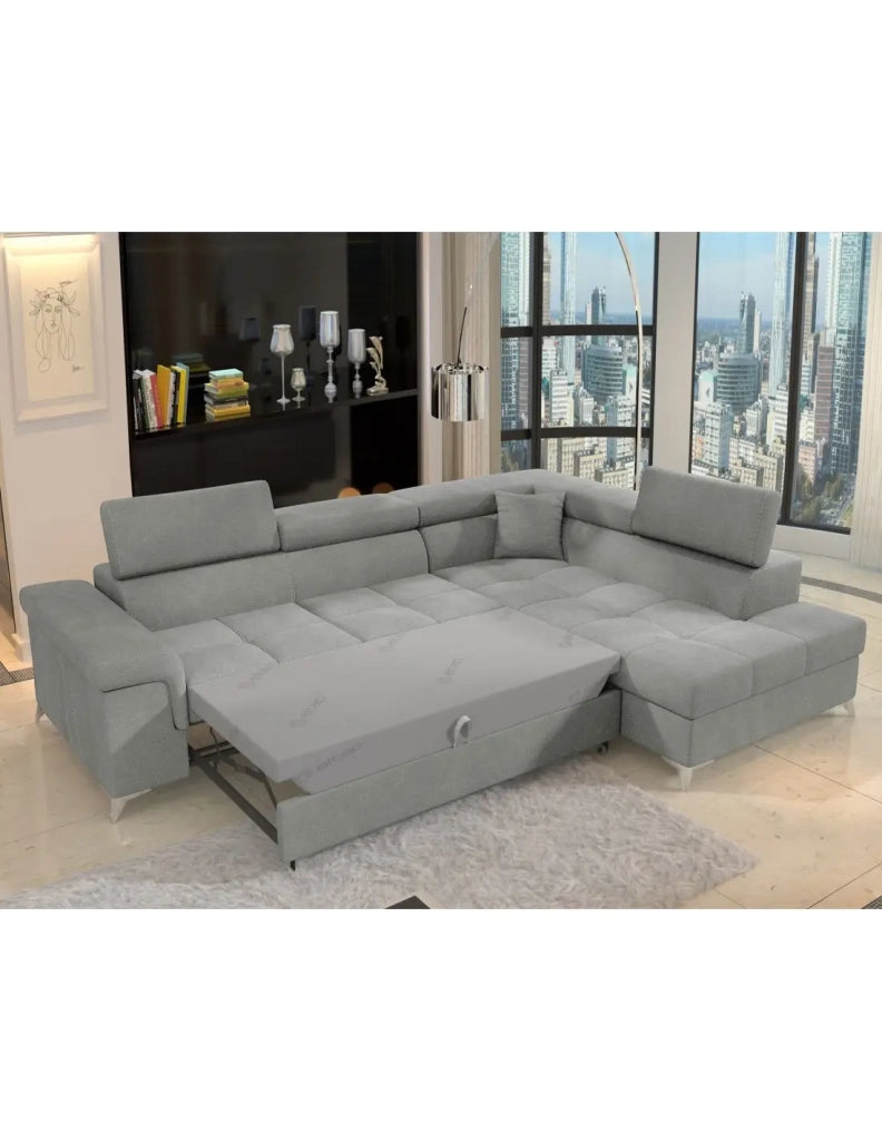 Divano ad angolo convertibile PALAZZO 4 posti grigio chiaro – angolo destro con contenitore