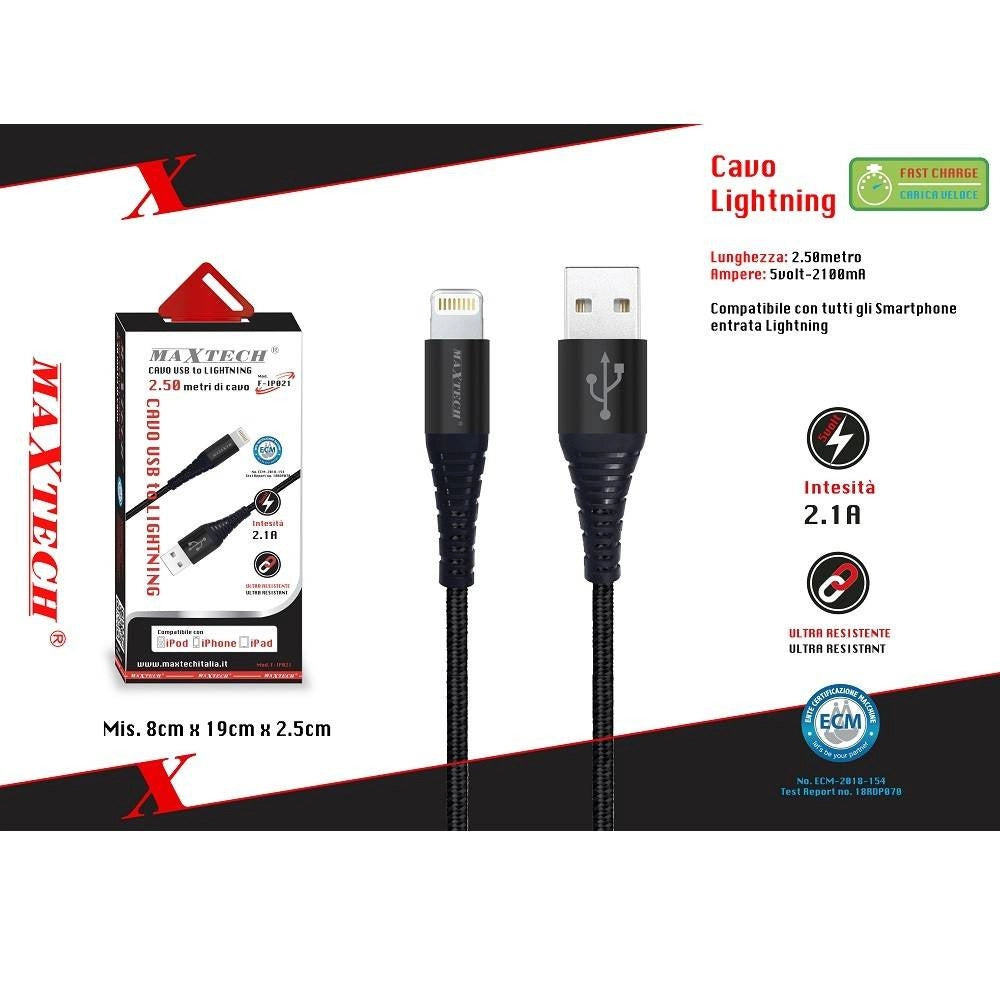 Trade Shop - Cavo Usb A Lightning Per Smartphone 2.1a 2.5mt Trasmissione Dati Maxtech F-ip021 -