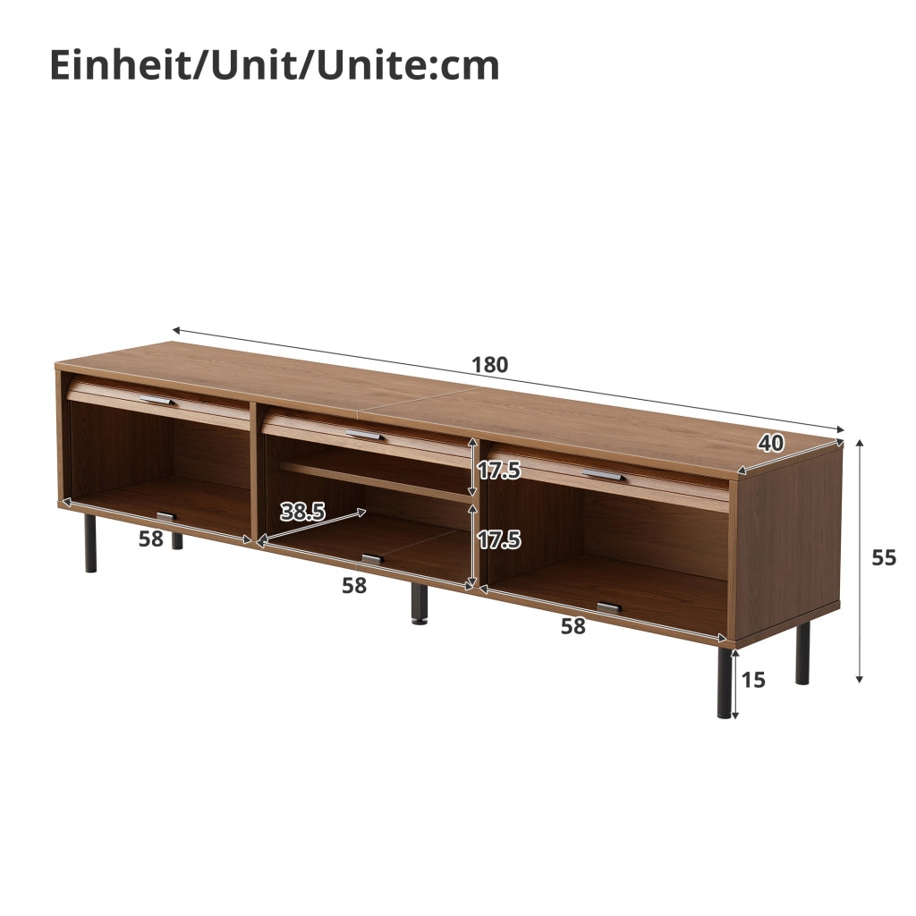 Mobile TV con 3 porte scorrevoli verso l'alto e 5 piedi in metallo; per soggiorno; 180 × 40 × 55 cm; noce