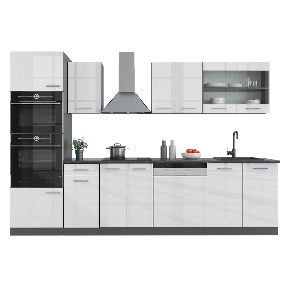 Vicco Cucina componibile Bianco lucido/antracite 300 cm con armadio alto, PL Marmo