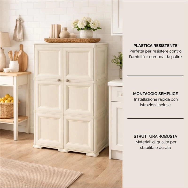 ARMADIO 3 MODULI IN PLASTICA 79X43X125 CM – MOBILE CONTENITORE MULTIUSO PER SALOTTO, PERGOLATO E BALCONE COPERTO, DESIGN CLASSICO EFFETTO LEGNO