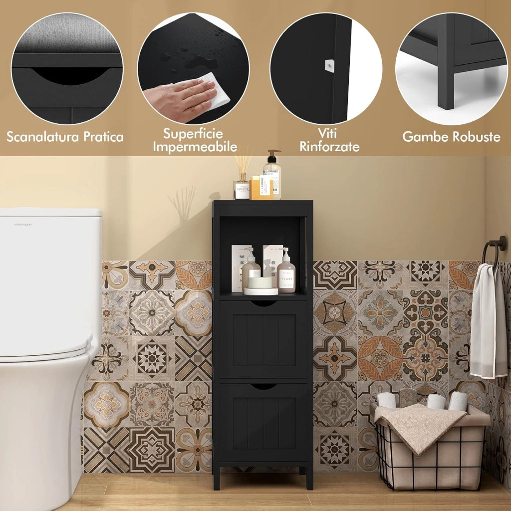 Mobile da Bagno, Mobile da Terra con 2 Cassetti e Vano Aperto, con Design Antiribaltamento, per Bagno, Camera da Letto, Salotto e Cucina, 30 x 30 x 90 cm (Modello 2)