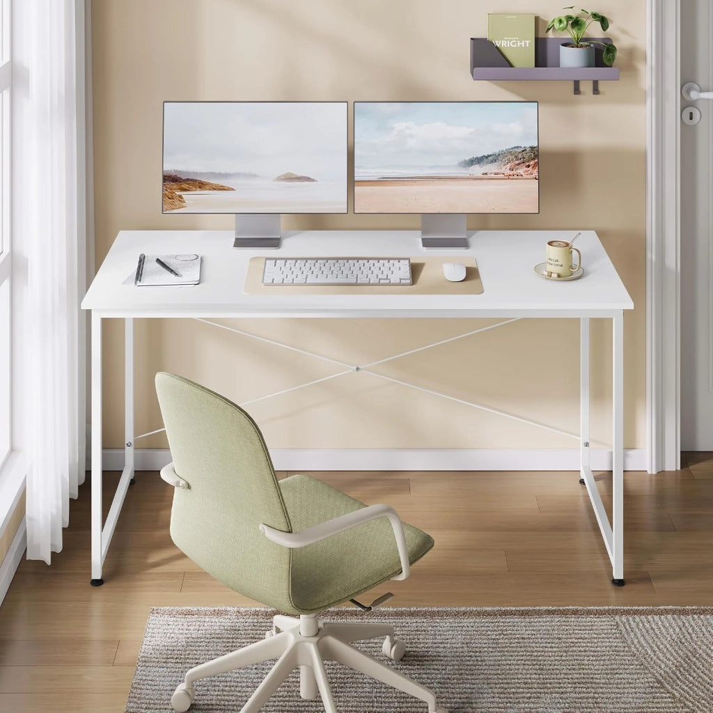 Scrivania per Computer, 140x60 cm, Tavolo da Lavoro con Struttura in Metallo, per Ufficio Casa Studio Camera da Letto, in Materiale a Base di Legno, Rovere Chiaro