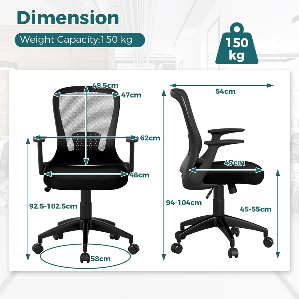Sedia da ufficio girevole con 5 ruote, seduta regolabile in altezza 45-55 cm, sedia con braccioli pieghevoli e schienale in rete reclinabile, per studio, sala riunioni