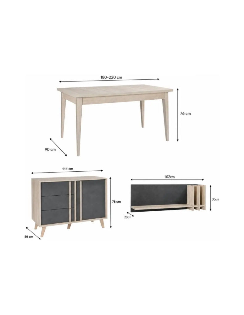 Sala da pranzo completa MALMO con tavolo allungabile, buffet alto e scaffale a muro - Rovere chiaro e grigio