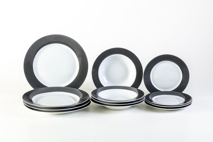 Servizio Piatti da Tavola 12 Pezzi in Porcellana Bianca Bordo Nero