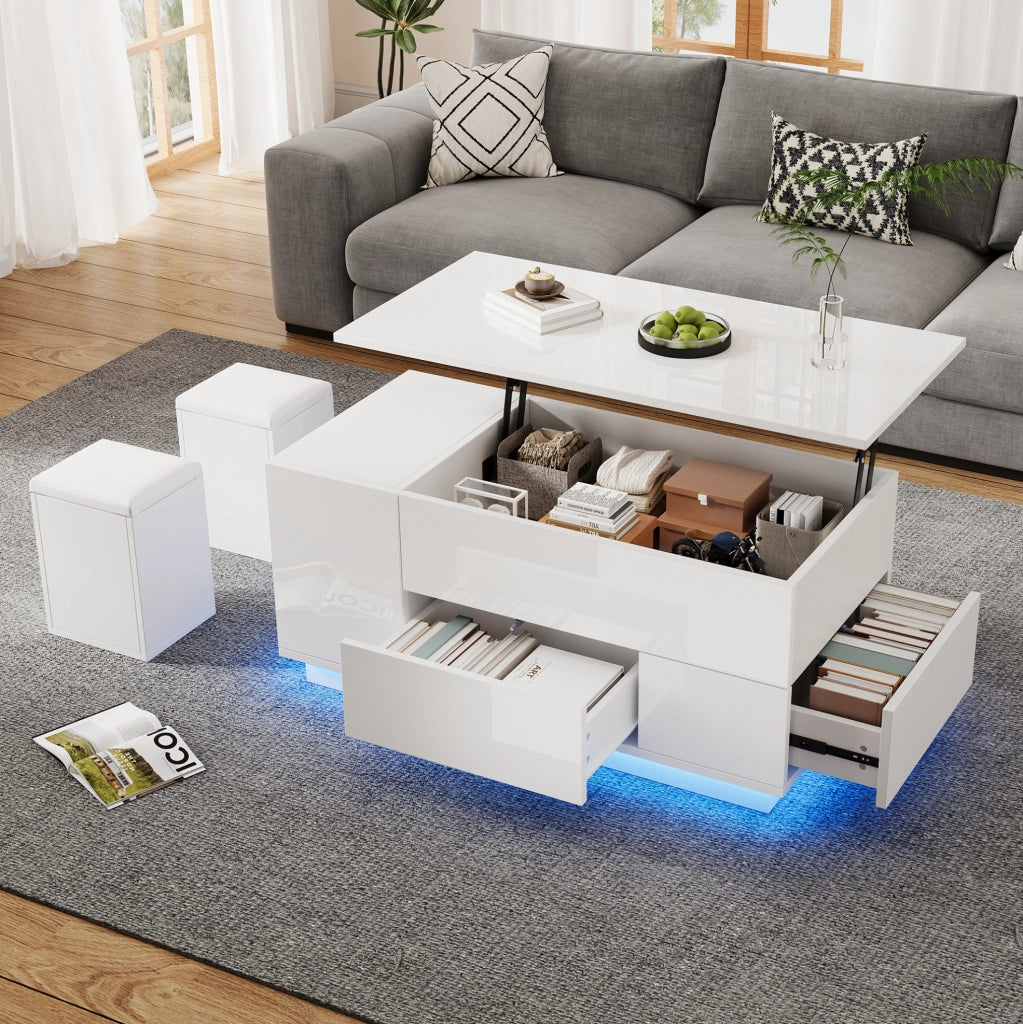 Tavolino da salotto 100x50x45 cm; sollevabile fino a 59 cm con LED e spazio contenitore; truciolato bianco
