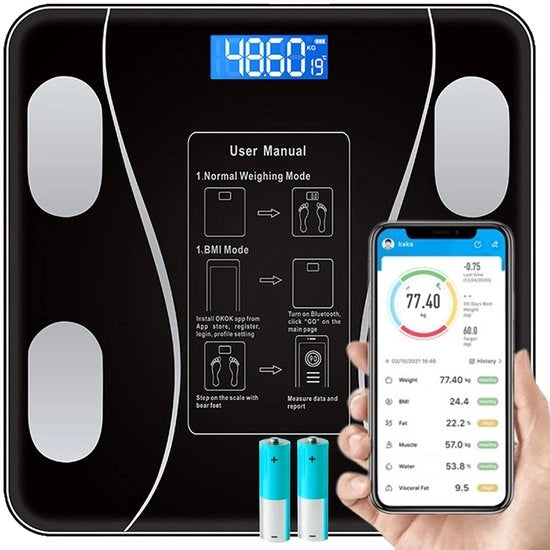 Pesa Elettronica Bluetooth con App - Analisi del Corpo, BMI, BMR, Massa Muscolare - Nero
