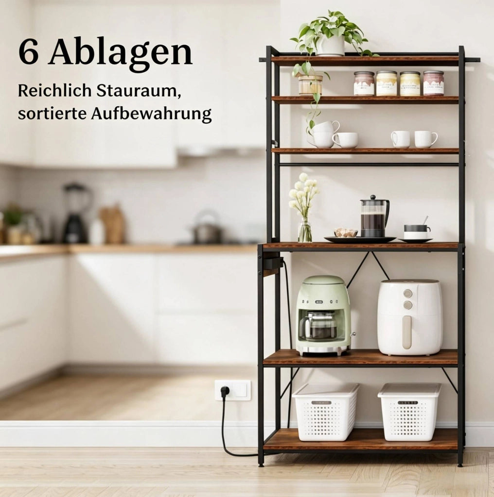 Scaffale da cucina con prese 6 ripiani aperti 6 ganci marrone rustico metallo e legno