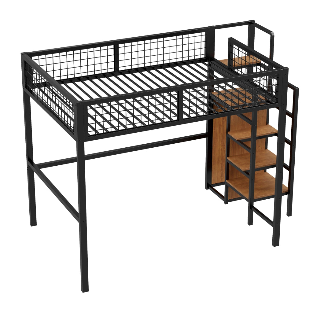 Letto a castello nero in metallo con scala e armadio integrato 140x200 cm