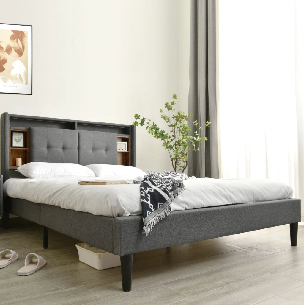 Letto matrimoniale imbottito 160x200 cm con testiera contenitore; LED; USB e prese; grigio