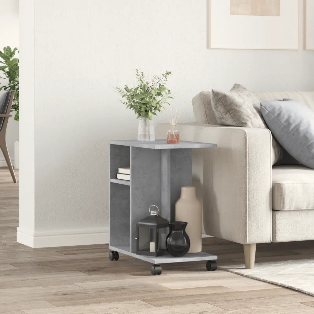 Tavolino | Tavolo laterale con Ruote Grigio Cemento 50x30x55 cm Legno Multistrato
