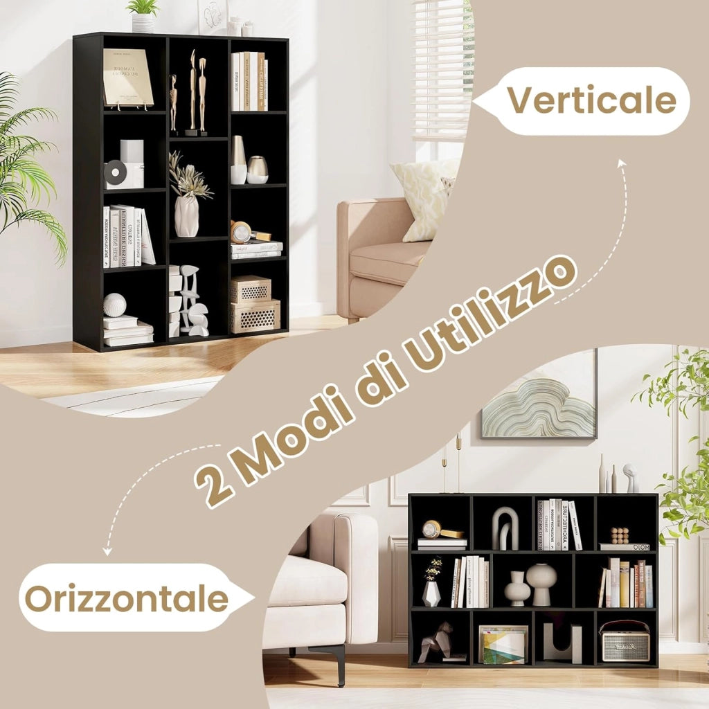 Libreria a 11 Cubi, Scaffale Moderno Geometrico con Kit Anti-Ribaltamento, Organizzatore di Libri Multifunzionale per Soggiorno Camera da Letto Studio, 74 x 24 x 106 cm (Nero)