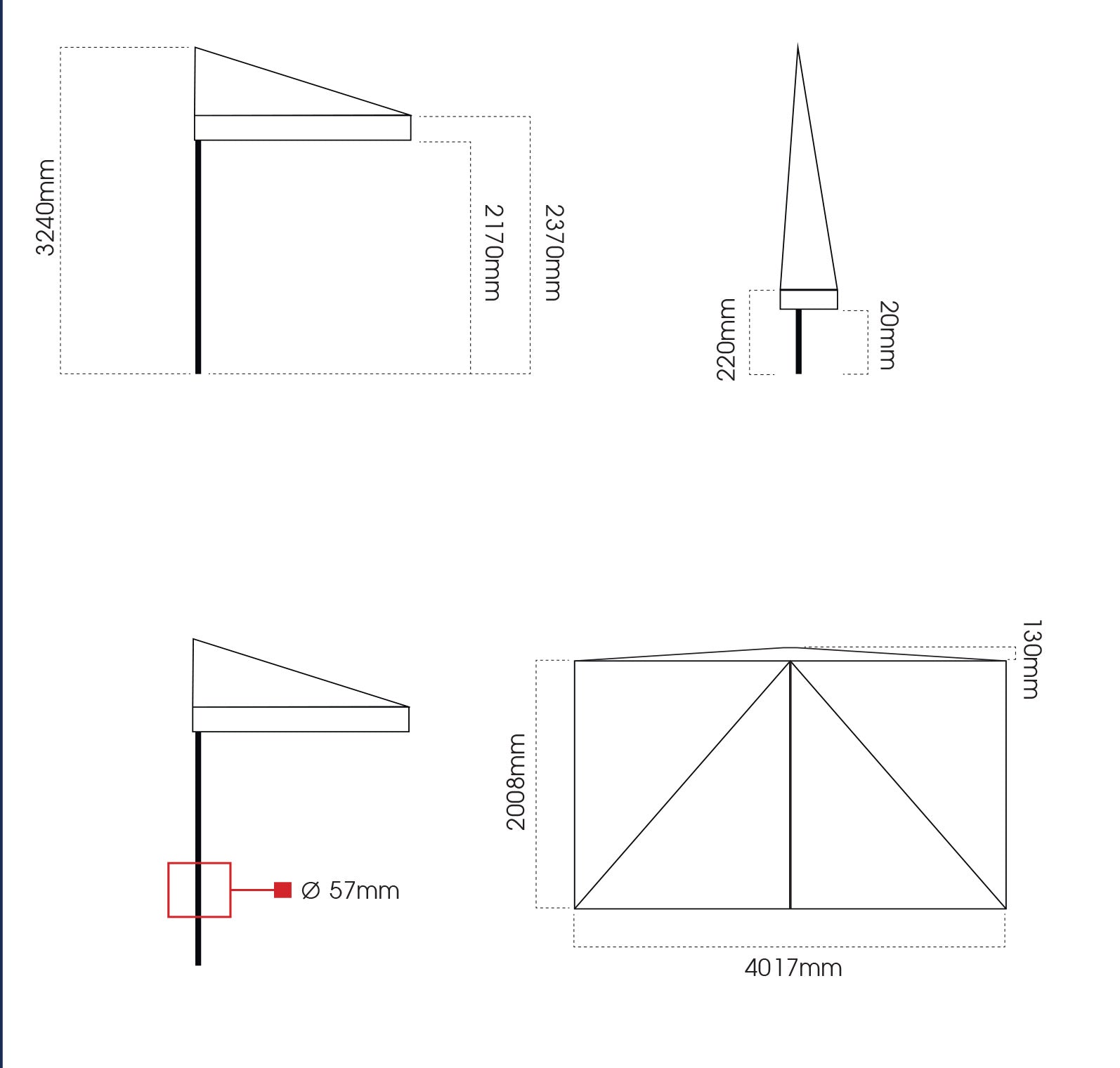 Mezzo Ombrellone da Giardino 2x4m Palo in Legno Ecrù