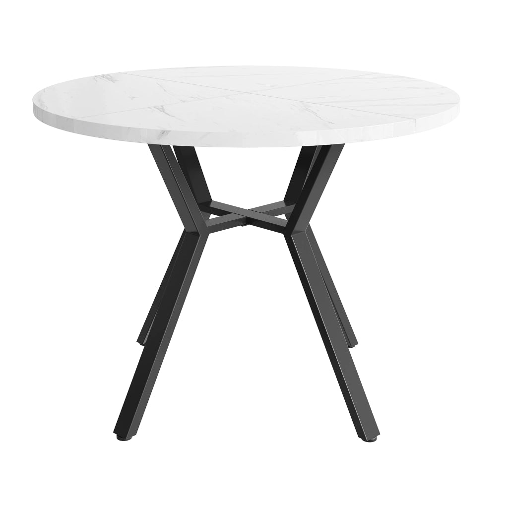 Tavolo da pranzo rotondo con piano effetto marmo e base in metallo a x per sala da pranzo