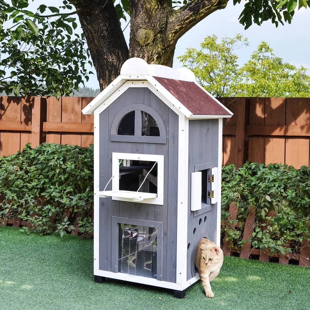 Casetta per Gatti 2 Piani ¨C zephmum ¨C Legno di Abete, Grigio, 59x55x109 cm