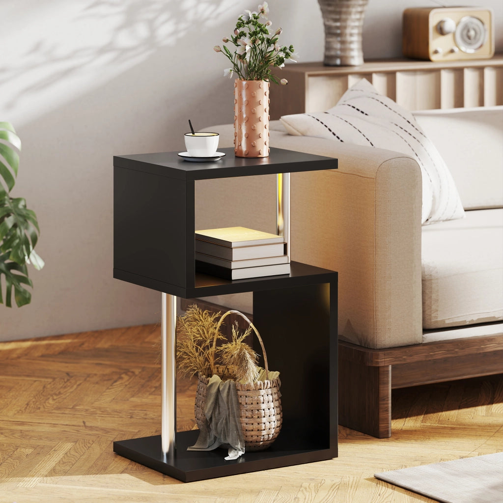 Tavolino da Salotto con Luci LED e Ripiani ¨C zephmum ¨C Nero Aluminio 44x38x75 cm