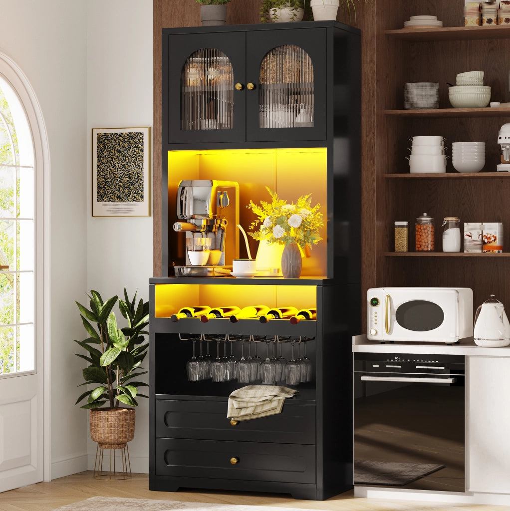 Credenza alta 70x40x180 cm con ante in vetro curve; LED con musica; MDF; nero