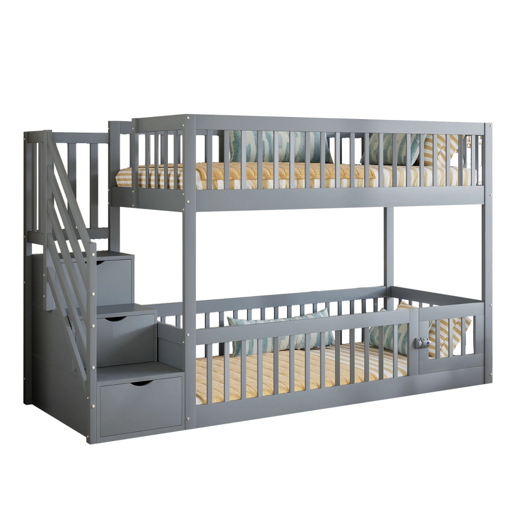 Letto a Castello per Bambini 90x200 cm in Legno con Scala Sicura e Cassetti, Grigio e Bianco
