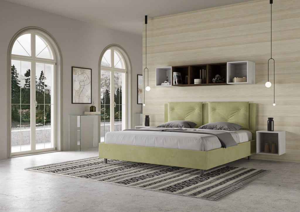 BS COM Letto matrimoniale king size contenitore imbottito 170x200 microfibra tè verde