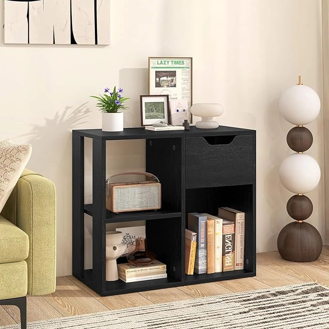Libreria Scaffale, Libreria Bianco in Legno con Cassetto e 3 Cubi, 60 x 30 x 53 cm, Scaffale Multiuso per Soggiorno, Ingresso, Ufficio e Cameretta (Nero)