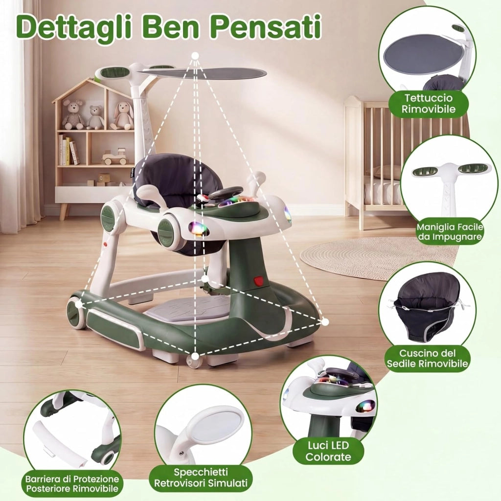 Girello per Bambini 6-in-1 Evolutivo, Centro Attività Pieghevole con Maniglia, Regolazione Altezza/Velocità, con Musica, Luci Tenda, per Neonati 6-18 Mesi (Verde+Bianco)