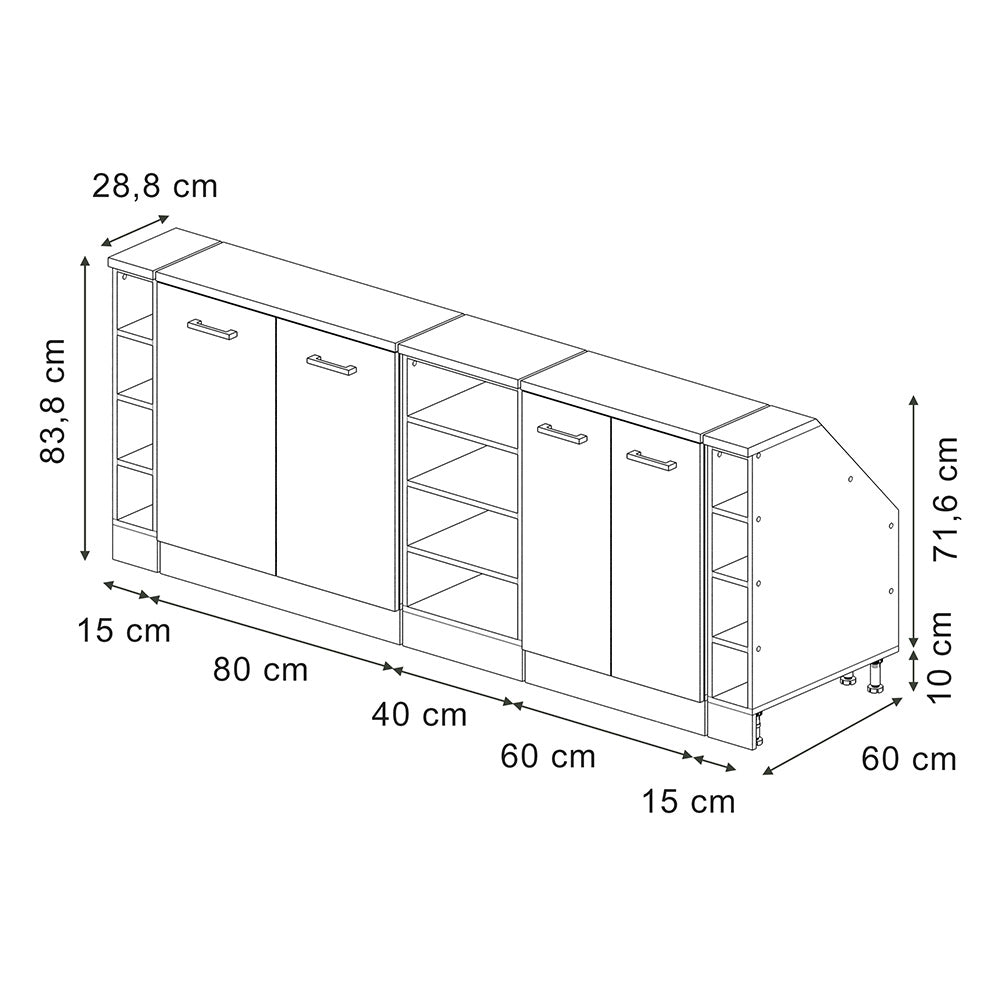 Mobile cucina sottotetto R-Line Calcestruzzo/Rovere dorato 210 cm Set di 5 carcasse armadio profondità 60 cm Vicco