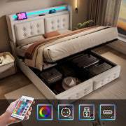 Letto matrimoniale 140x200 cm con contenitore; testiera con prese USB e Type-C; LED; beige