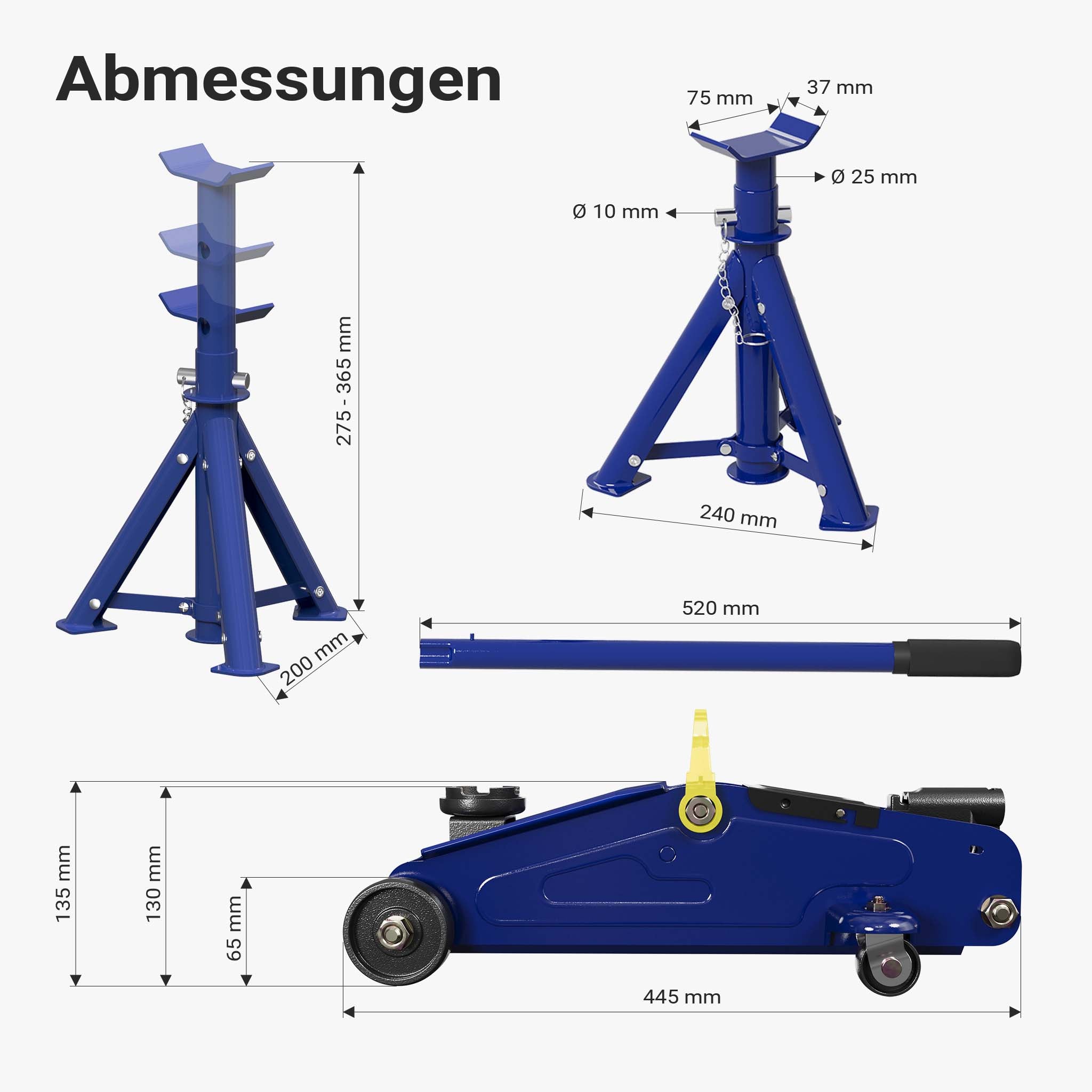 set cric sollevatore + 2 cavalletti max 2t altezza regolabile