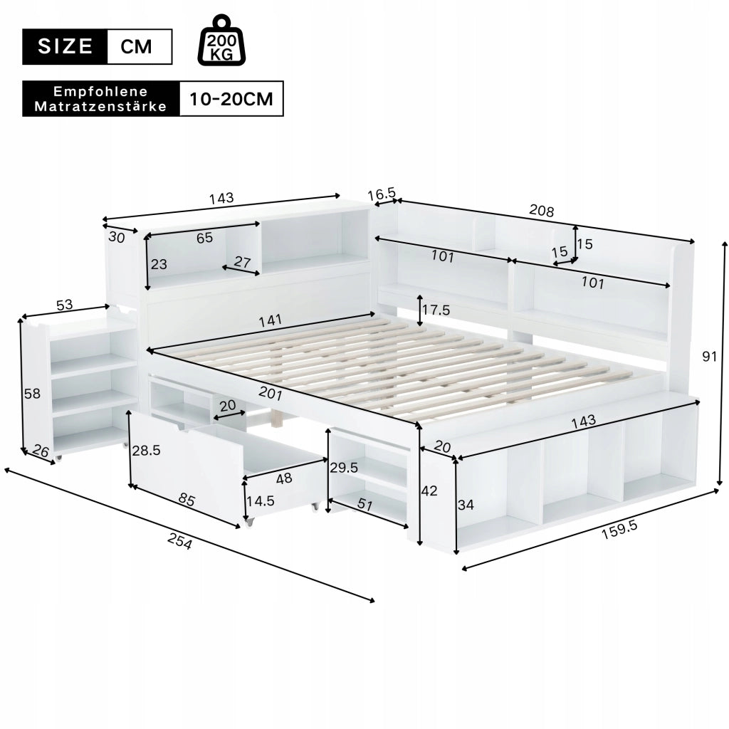 Letto per bambini con cassetti e scaffale - Xylo - 140x200cm, Bianco