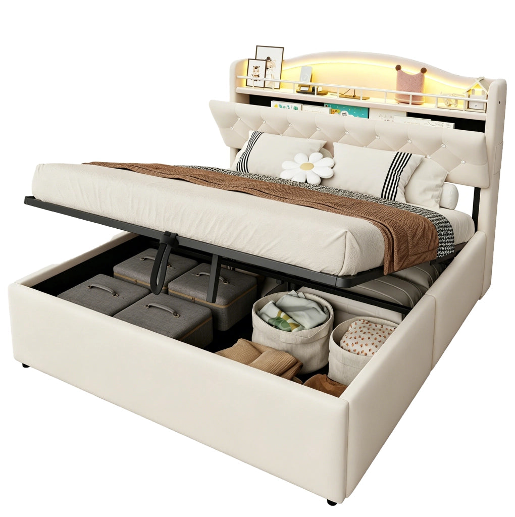 Letto imbottito 140x200 cm con contenitore idraulico; ricarica USB e USB-C; beige