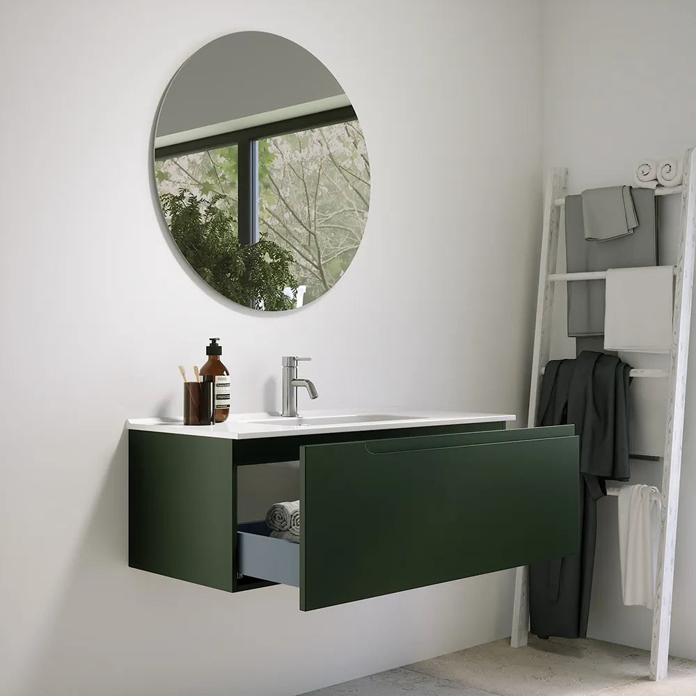 Mobile bagno sospeso 90 cm un cassetto verde foresta opaco con lavabo | Ardenne