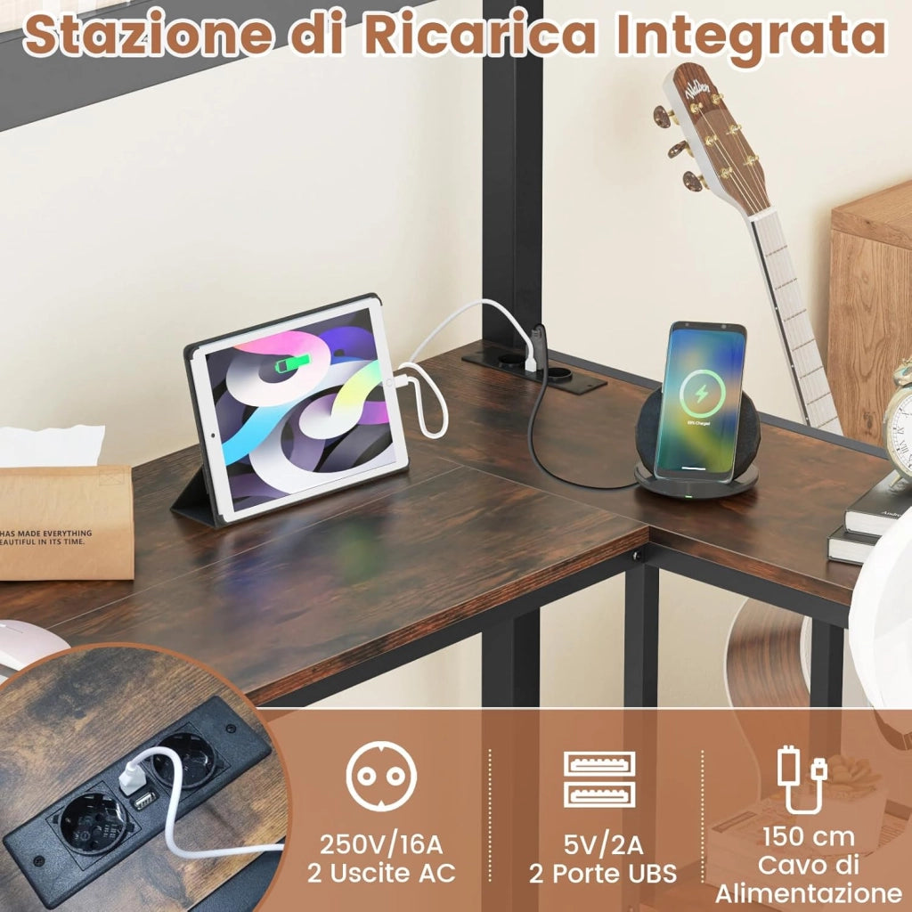Letto a Soppalco 90 x 200 cm con Scrivania Sotto, Letto a Castello con Luce LED e Stazione di Ricarica, Letto Rialzato Struttura in Ferro con 2 Ripiani per Ragazzi e Ragazze (Nero)