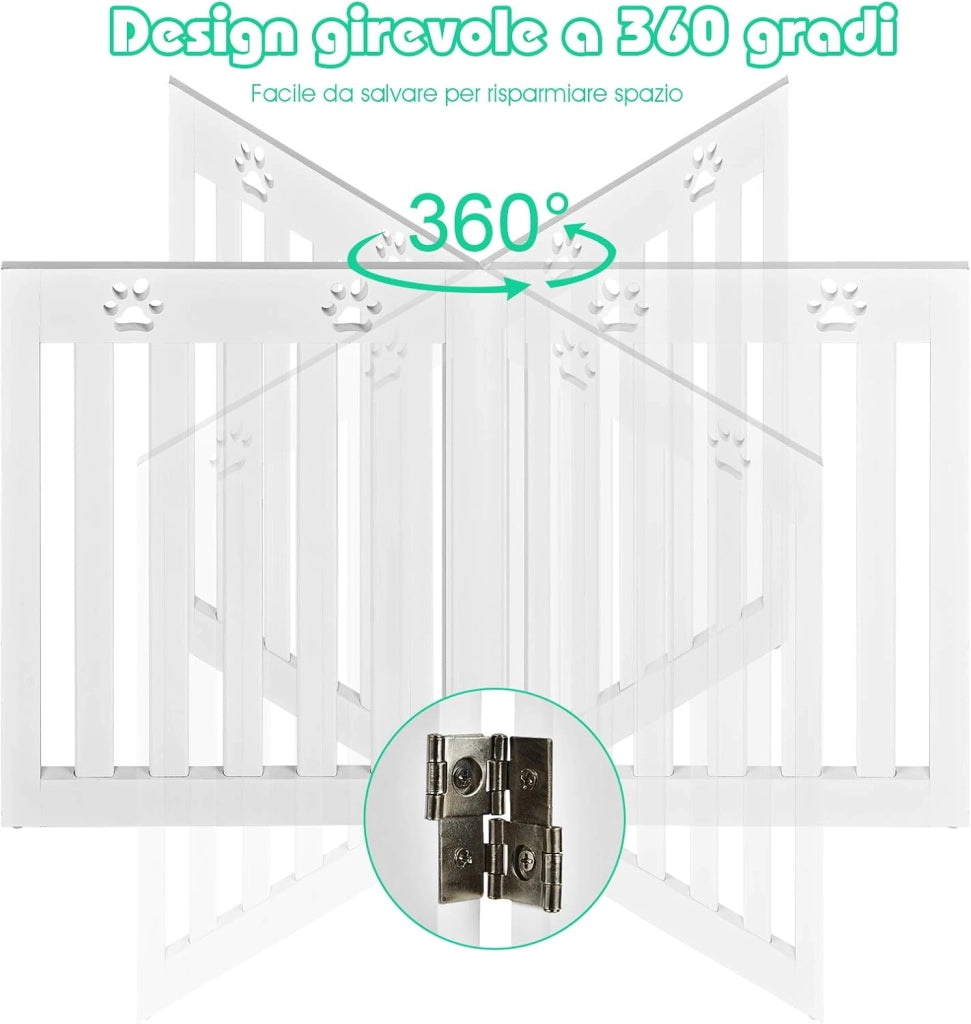 Cancello di Legno per Animali Domestici, Cancello Pieghevole per Cani con Cerniere Fessibili a 360° e 3 Pannelli, Cancello 60 cm da Interno per Casa Scale e Porta d’Ingresso, Bianco