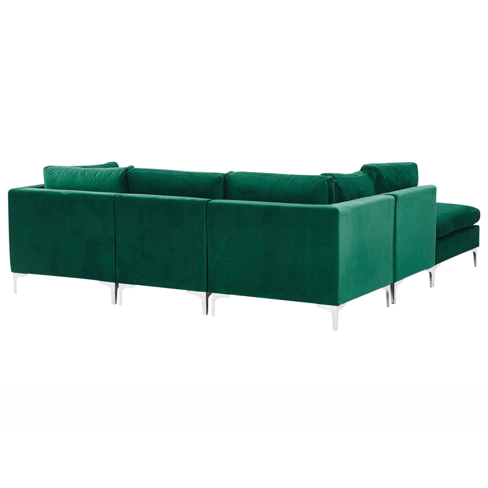 Divano ad angolo componibile versione destra a 4 posti in velluto verde con gambe in metallo argentato a forma di L ottomana Stile glamour