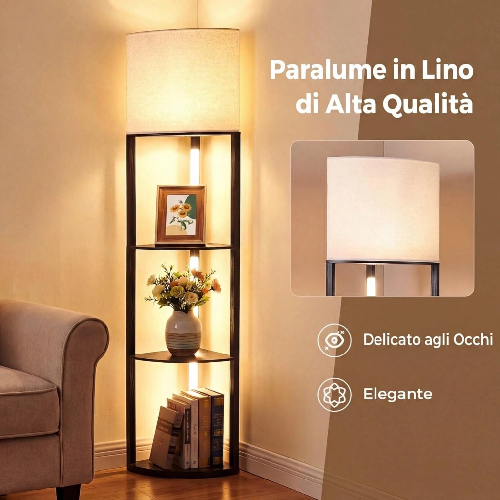 Lampada da Terra Angolare con Mensole, Scaffale a 3 Ripiani con Luci LED Dimmerabili, Paralume in Lino e Interruttore a Pedale, Piantana da Terra per Camera da Letto, Salotto e Studio