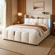 Letto imbottito 140x200 cm con contenitore; LED; USB e Type-C; velluto beige