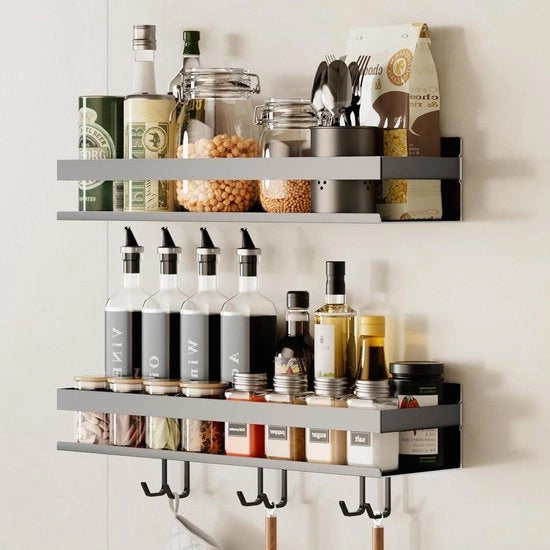 Set di Appoggio per Spezie da Appendere Senza Forare da 6 Ganci Grigio 40 - Cassetto per Organizzare Utensili da Cucina da Appendere al Muro