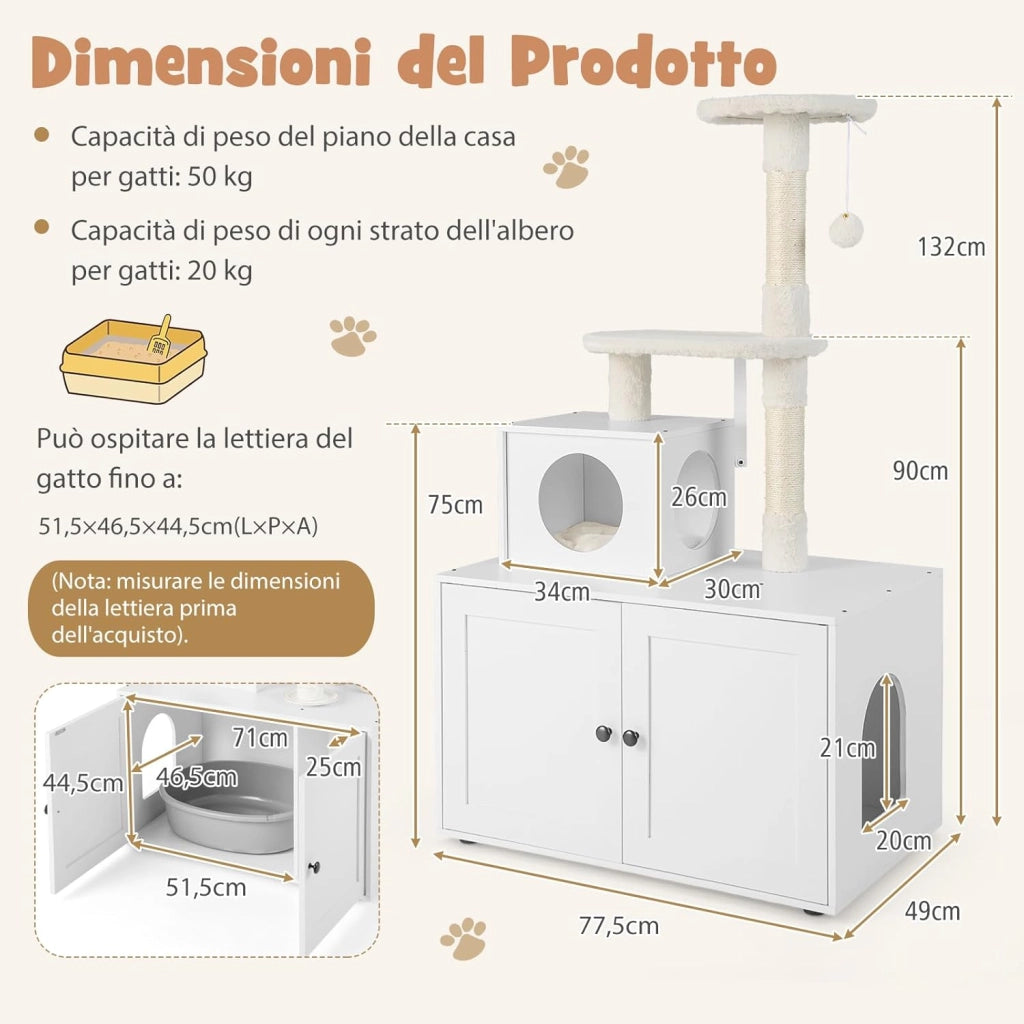 Tiragraffi per Gatti Adulti con Rifugio ad Ante Nascosto, Torre per Gatti con Cuccia, Piattaforma, Cuscini e Tiragraffi, Albero per Animali Grandi Alto in Legno, 77,5 x 49 x 132 cm (Bianco)