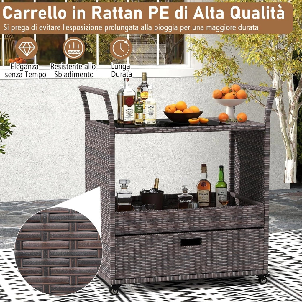 Carrello Bar in Rattan da Esterno, Tavolo Bar Mobile con Piano in Vetro Temperato, Ripiano Aperto e Cassetto Capiente, Carrello di Servizio per Patio Veranda Cortile e Giardino