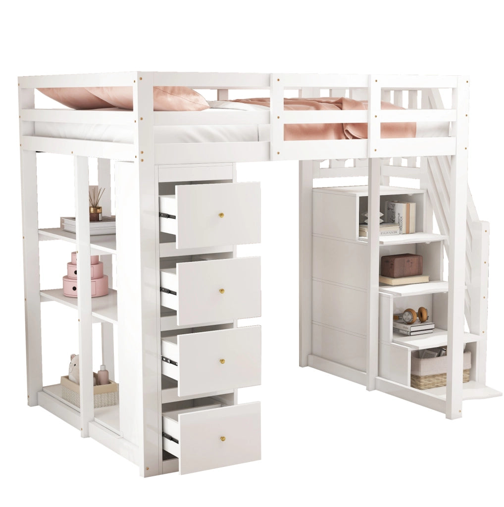 Letto a soppalco in legno massiccio 140x200 cm con cassetti e scala di sicurezza bianco
