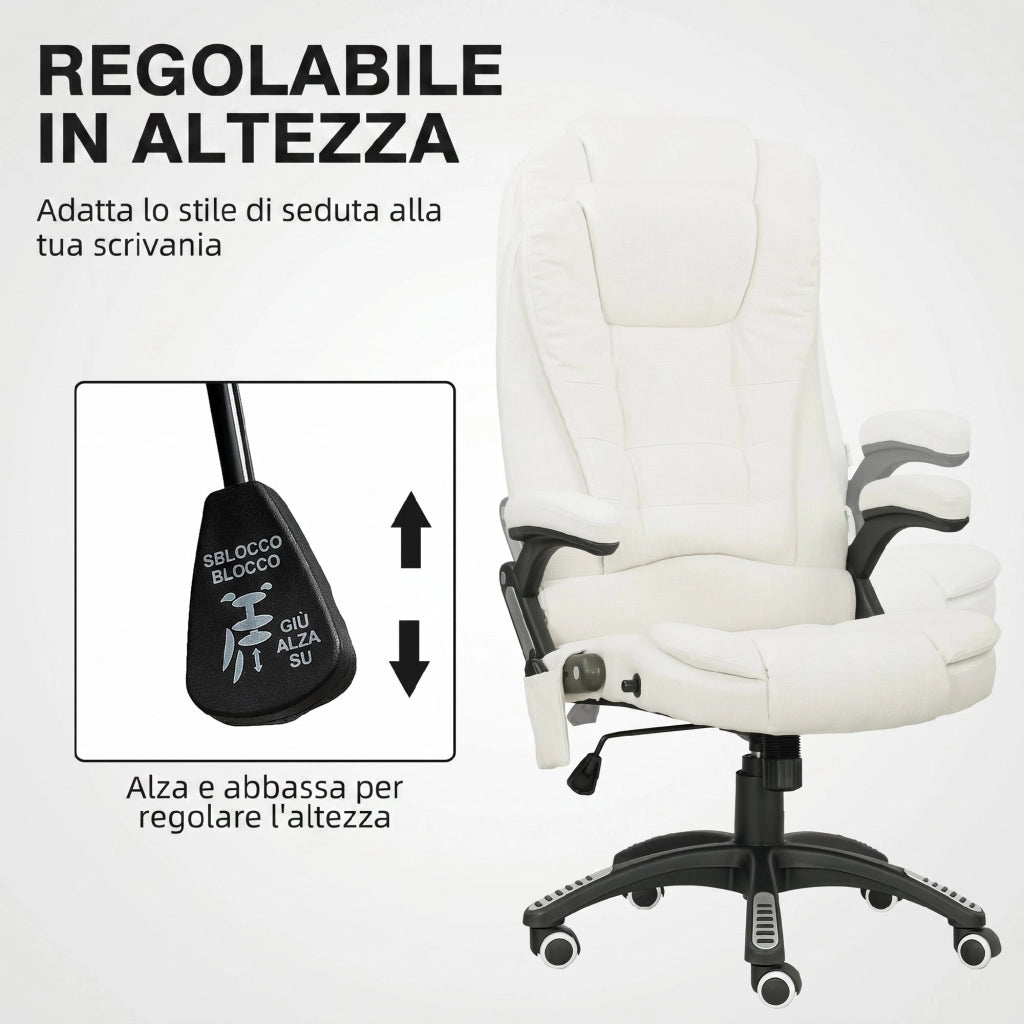 Sedia da Ufficio 68x72x110-120 cm Reclinabile Massaggiante Telecomando in Tessuto Effetto Lino Crema