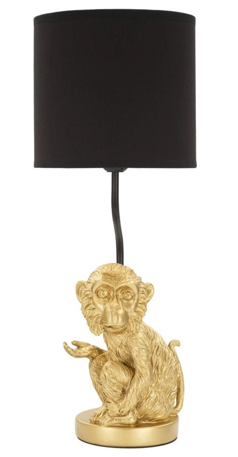 Lampada da tavolo con scimmia seduta dorata, paralume nero diam 20x51cm