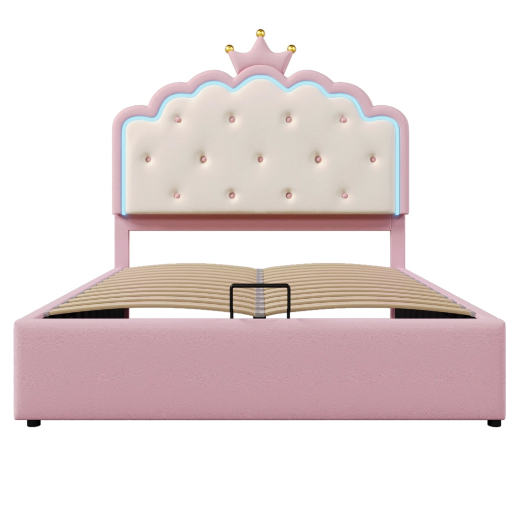 Letto imbottito 140x200 cm con luce LED e vano contenitore; PU rosa (Senza materasso)