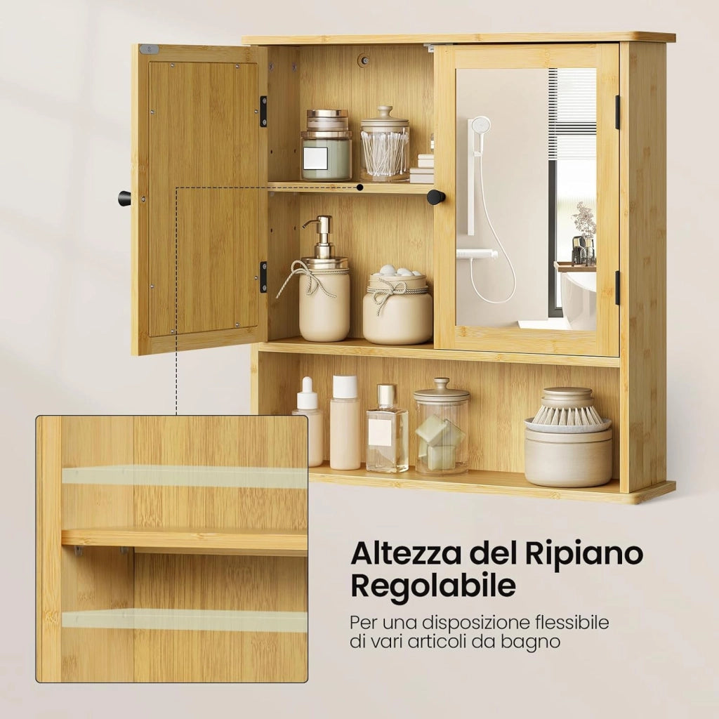 Mobiletto da Bagno Sospeso con Specchio e Ante in Bambù, Armadietto Salvaspazio, Contenitore da Parete, con Ripiano Regolabile, Scomparto Aperto, 56x14x58 cm