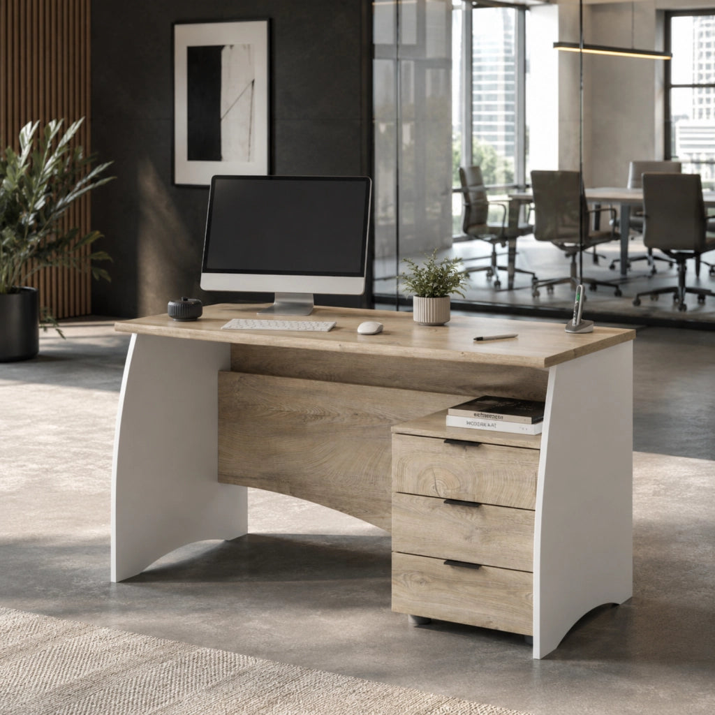 Mobile Desk  Con 3 Cassetti Scrivania Da Studio O Ufficio Scrittoio Per Soggiorno E Sala Da Pranzo 136 X 74 X 67 Cm Bianco E Rovere